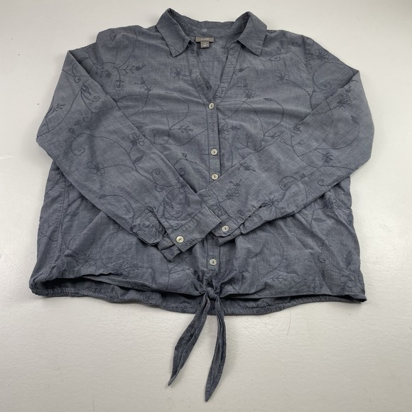 J. Jill Women Shirt Size Medium Blue Cotton Tie Front Floral Embroidered Casual - Picture 1 of 9